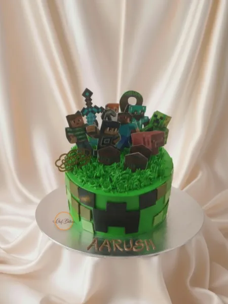 Minecraft Theme Cake with Creeper Face & Character Toppers