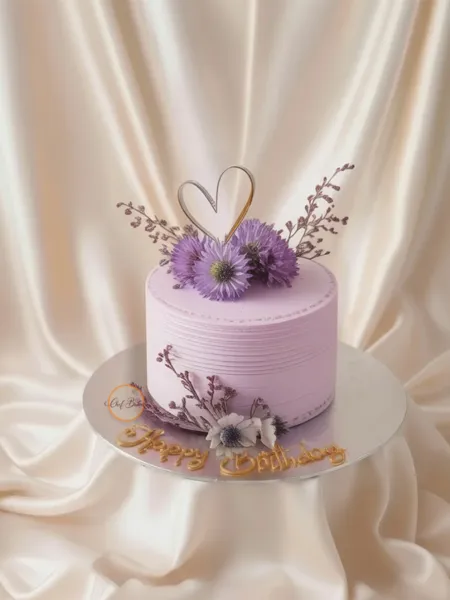 Purple Flower Cake with Heart Decoration