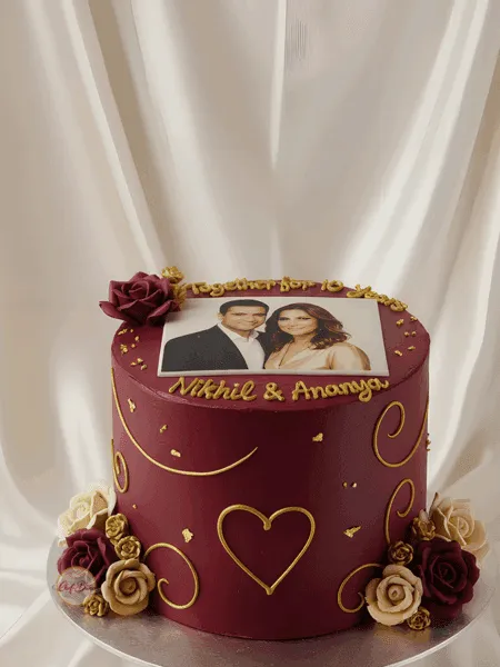 Maroon Anniversary Photo Cake | Rose Couple Cake
