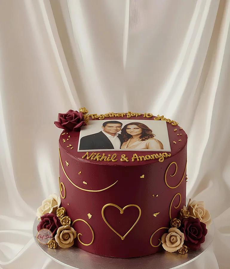 Maroon Anniversary Photo Cake | Rose Couple Cake